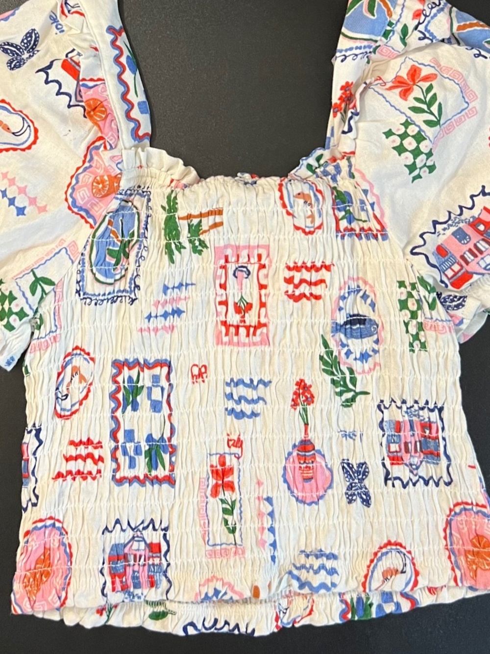 Monteau Los Angeles Smocked Postcard Stamp Print Puff Sleeve Crop Top Size S NWT